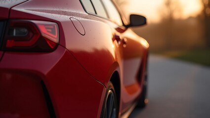 A close up shot of the rear of a red car with the sun setting in the background on a blurry road