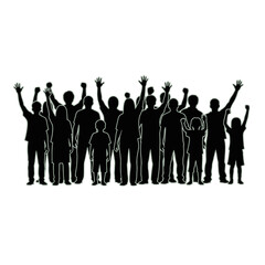 Naklejka premium A black silhouette of a diverse crowd of adults and children raising their hands in unison.