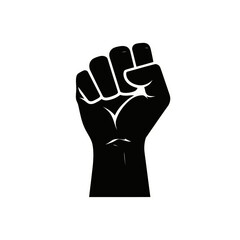 A powerful black silhouette of a raised, clenched fist symbolizing solidarity, resistance, and social justice.
