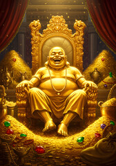 Fototapeta premium Smiling Golden Buddha on Throne, Surrounded by Wealth Gold Coins, Jewelry and Treasures.