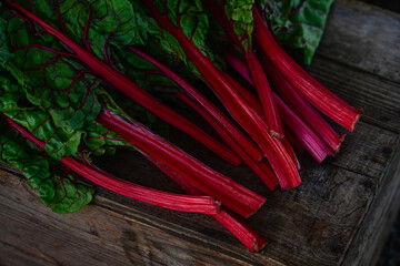 red stems stalks of leafy Swiss chard raw vegetables  © mariekazalia