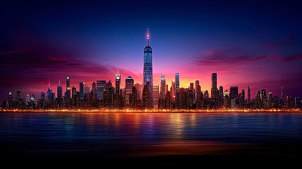 Fototapeta premium Vibrant Pink and Purple Cityscape at Night with Reflective Water