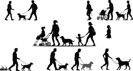 Silhouette people walking dogs, family with children, stroller, wheelchair, casual park activity, outdoor scene, everyday life, flat vector illustration