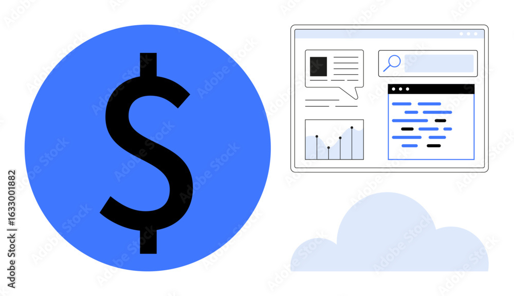 Poster dollar sign, web analytics interface with chart and text, and a cloud symbolizing financial tools. i