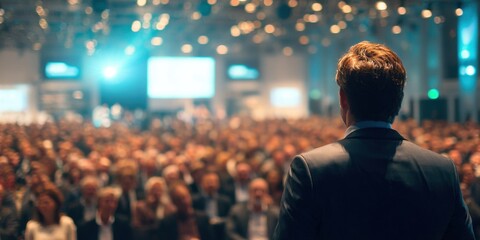 Fototapeta premium A speaker addresses a large audience at a conference, sharing insights and inspiring engagement in a bright, modern venue.