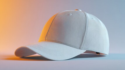 A stylish white cap showcased under warm lighting, emphasizing its texture and design.
