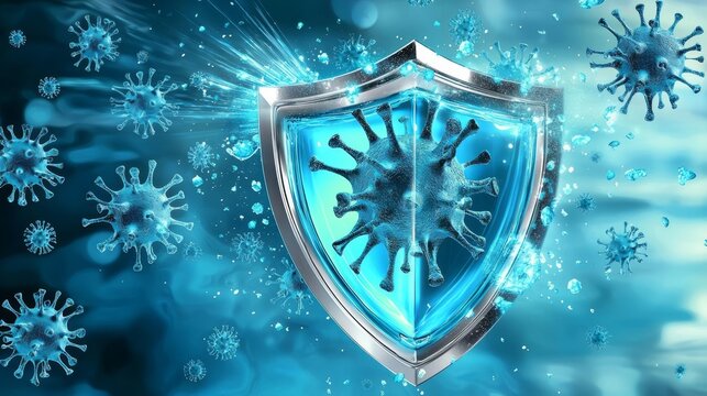 Artistic representation of a barrier designed to ward off viruses and bacteria at a microscopic level. 