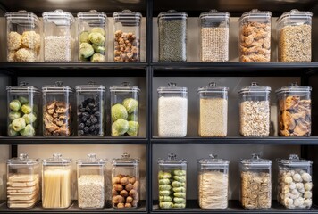 A well organized pantry displays numerous clear containers filled with various dried foods, grains, and snacks neatly arranged on shelves.