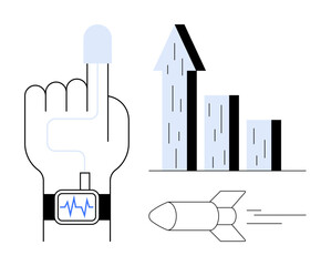 Finger with a biometric sensor connected to a smartwatch, growth chart with rising bar graph, flying rocket. Ideal for technology, health monitoring, growth strategy, innovation, progress, analytics