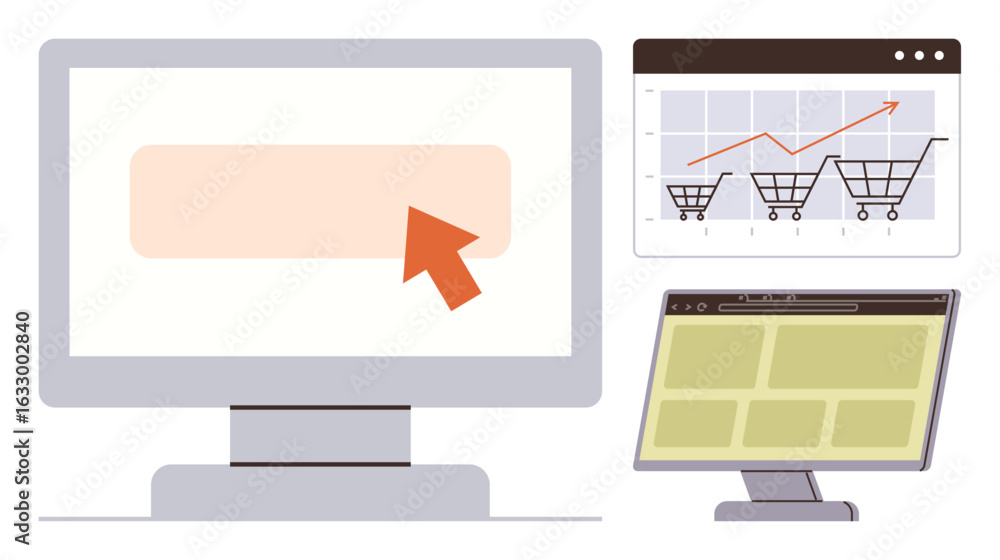 Poster desktop screen with cursor, web analytics graph featuring a sales trend, and product grid on a monit