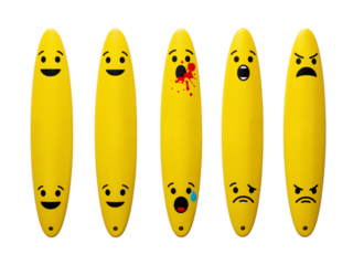 Five cartoon bananas with different funny expressive faces and emotions isolated on transparent background