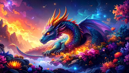 Colorful dragon in a vibrant landscape