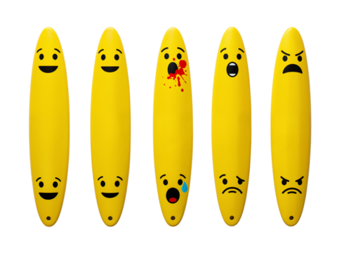 Five cartoon bananas with different funny expressive faces and emotions isolated on transparent background - Powered by Adobe