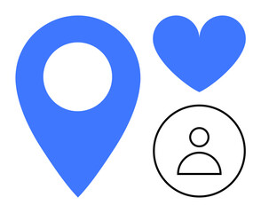 Blue location pin, heart shape, and black user profile icon. Ideal for navigation, geotagging, personalization, user interface, social connection, branding and simple landing page