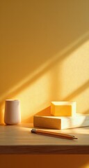 Warm sunlight streams onto a light wood shelf, highlighting a pale peach mug, blocks of yellow, and a pencil