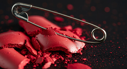 Conceptual still life with a crushed red lipstick and a metal safety pin, symbolizing edgy rebellion and unconventional beauty.