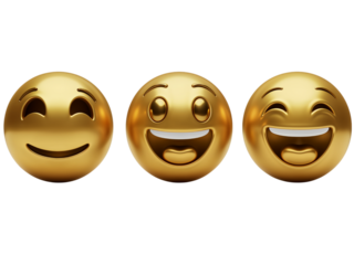 Three shiny golden smiley face emojis with happy expressions isolated on transparent background