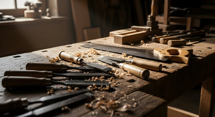 Woodworker's Bench with Traditional Hand Tools and Wood Shavings in a Rustic Workshop, Highlighting Authentic Craftsmanship and Carpentry Work