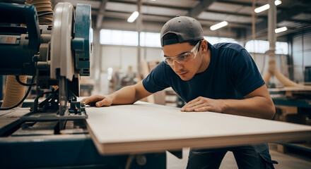 Focused woodworker precisely cutting wood with a miter saw in a professional carpentry workshop, emphasizing skill and craftsmanship.