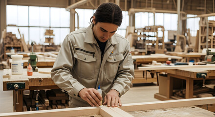 Focused Woodworker Applying Glue to a Wooden Frame in a Busy Workshop