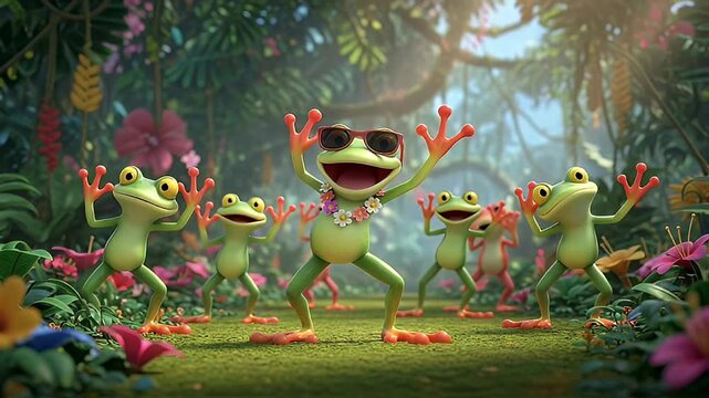 Five cartoon frogs dancing in a lush tropical rainforest, wearing sunglasses and leis, depicted in a vibrant, cheerful 3D animation style.