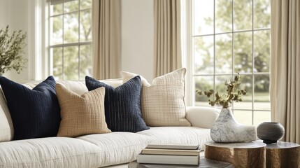 Fototapeta premium Cozy living room with modern sofa and decorative pillows by large windows