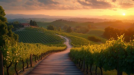 Fototapeta premium Wooden Walkway Vineyards Overlooking Rolling Hills Green Grapevines Warm Afternoon Light