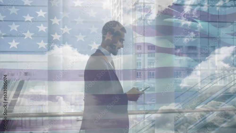 Poster man tapping phone, scrolling business data and dictating report with animated flag motif