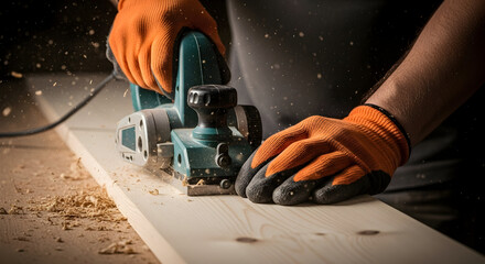 A woodworker's hands in orange gloves operate an electric planer, creating wood shavings in a detailed, close-up shot of craftsmanship and carpentry.