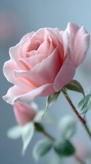 Delicate dew-kissed pink rose in bloom with soft petals and buds