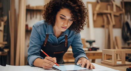 Focused Woodworker Planning Design on Digital Tablet in Workshop