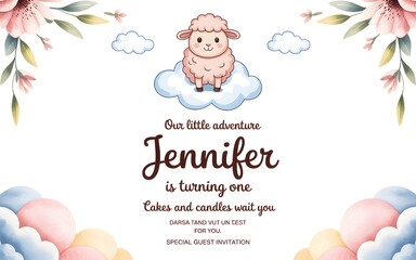 Cute sheep on cloud birthday invitation with flowers and balloons invitation card lamb