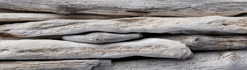 A close-up view of weathered driftwood pieces, showcasing their unique textures and natural colors in a layered arrangement.