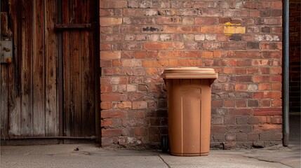 A brown trash bin stands against a rustic brick wall, adding urban charm to the setting.