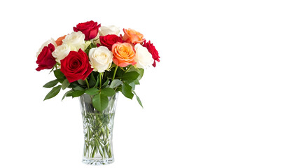 Roses Arrangement Presents Red, White, Orange Flowers in Crystal Vase on Transparent Background