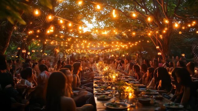 Large group dining at a long table under trees strung with glowing lights at dusk