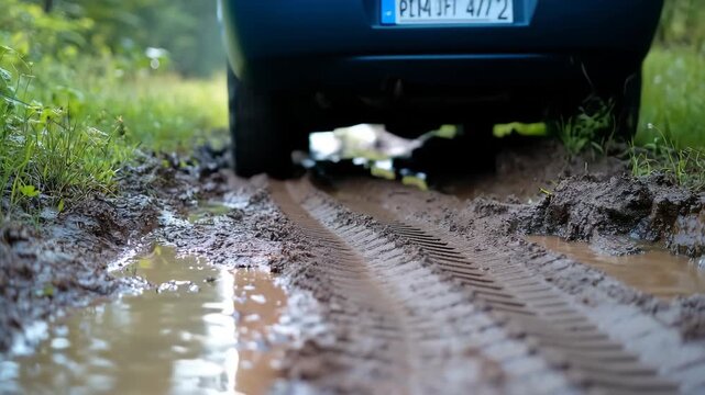 山の中の泥濘の道を走る自動車