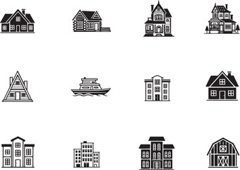 A diverse collection of building and property icons in a flat monochrome style. Includes houses, apartments, a barn, and a boat.