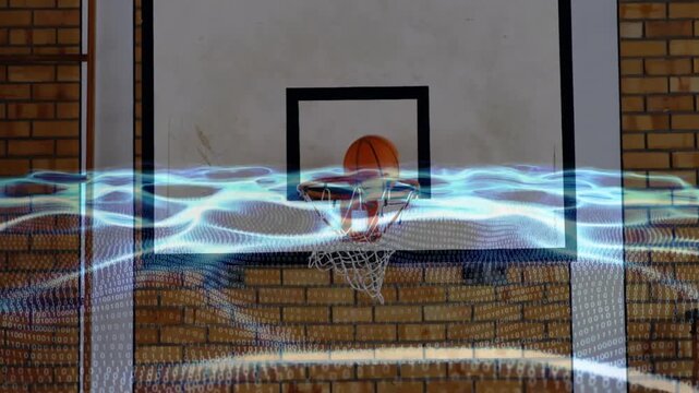 Pulsing digital wave sweeping across hoop on brick wall, basketball entering, dropping through net