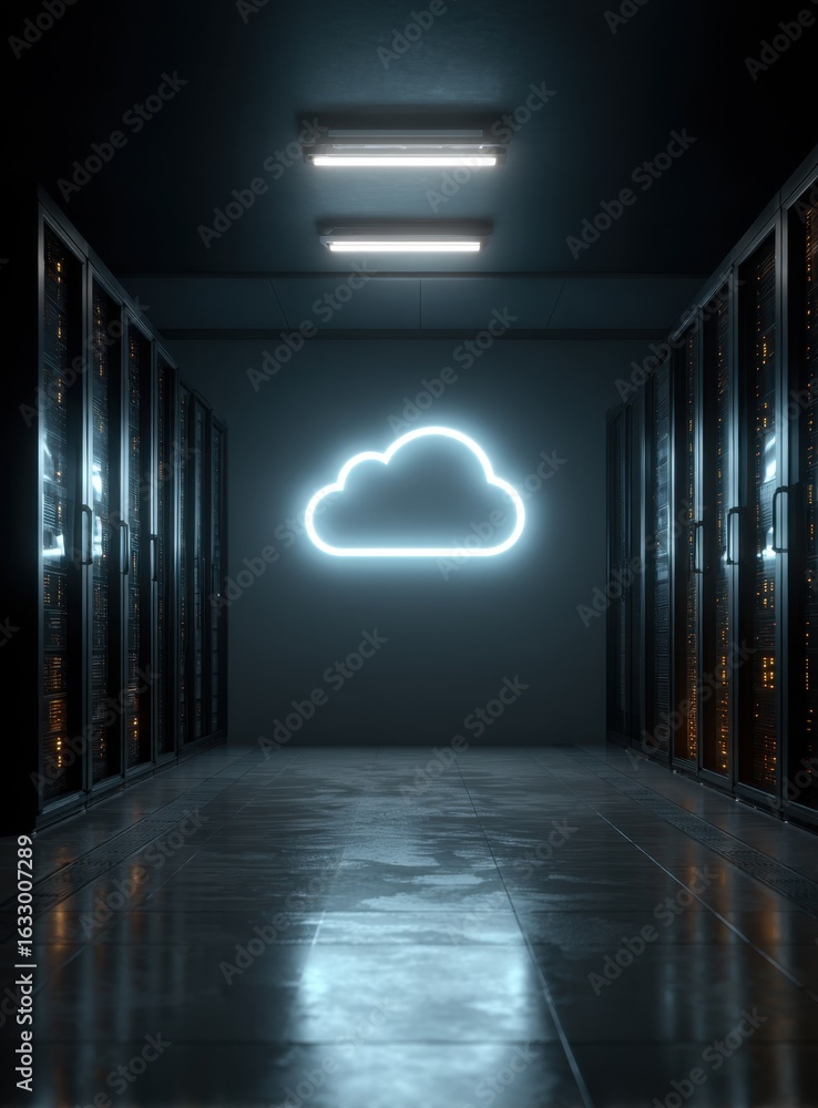 Poster data center hallway illuminated by a glowing cloud symbol, representing modern computing and informa