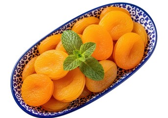 Dried apricots in decorative blue and white patterned bowl with mint leaves fruit food