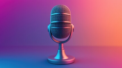 Retro microphone on stand, vibrant gradient background. Possible use stock photo for music, podcasting, or design