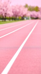 Pink running track in a park with cherry blossoms