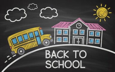 Fototapeta premium Chalk drawing of a school bus near a school with sun clouds 'BACK TO SCHOOL' text is visible