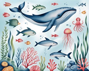 Fototapeta premium Watercolor underwater scene with whale dolphin octopus jellyfish and fish ocean marine life