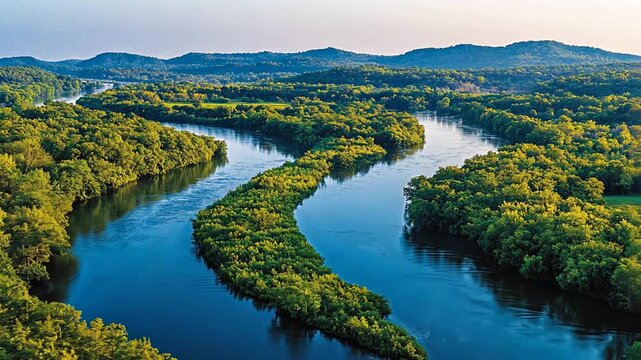 Serpentine river winding through lush landscape with vibrant greenery near Knoxville Tennessee for travel promotion environment harmony nature serenity outdoor concept