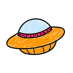 Children's style colored pencil hand drawn UFO set. Vector illustration 