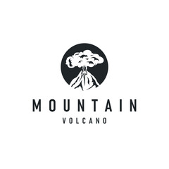 Volcano logo concept with black silhouette of erupting mountain, nature design and illustration template for brand or poster