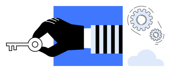 Black hand holding key near gears and cloud, symbolizing problem-solving, innovation, teamwork, success, opportunity, security, and strategy. Ideal for business technology and simple flat metaphor