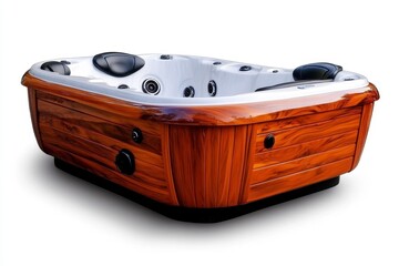White and Gray Hot Tub with Brown Wooden Cabinet on White Background